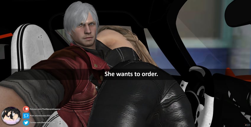 3d ass_focus bending_over big_butt black_leather black_leather_corset black_pants blonde_female car dante devil_may_cry drive-thru fat_ass female he_wants_to_order she_wants_to_order trish_(devil_may_cry)