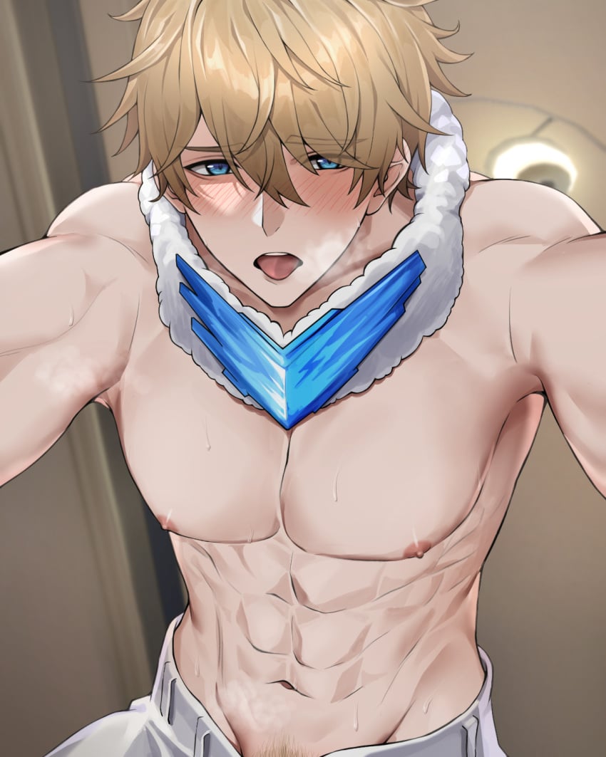 1boy abs asaifrit blonde_hair blush gepard_(honkai:_star_rail) happy_trail honkai:_star_rail in_heat looking_at_viewer male male_focus male_only muscular muscular_male pubic_hair shirtless shirtless_male sweat sweating tongue_out viewer_pov yaoi