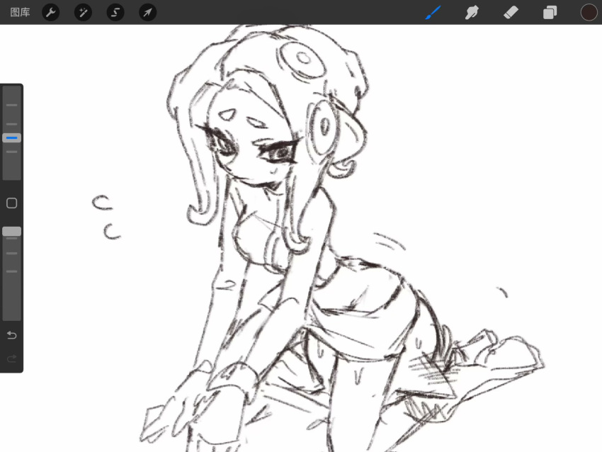 agent_3_(splatoon) agent_8_(splatoon) ass_cleavage blushing bracelet duo facesitting heels humanoid inkling inkling_boy male_agent_3_(splatoon) medium_hair octoling octoling_girl short_skirt shy sketch splatoon sweat thenintlichen96