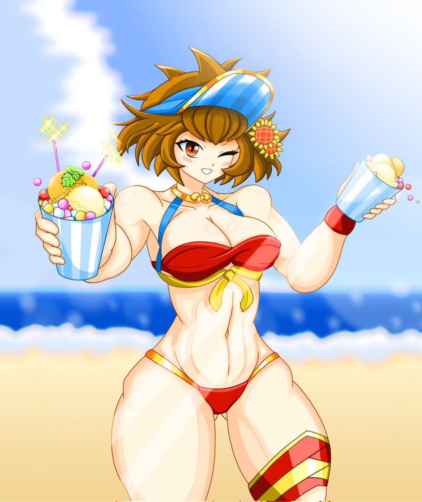 1girls beach belly bikini bikini_bottom bikini_top blush breasts brown_eyes brown_hair candle cleavage cloud collar collarbone female highres holding_object ice_cream ice_cream_cup kuu_(battle_cats) kuu_chaz7hu3hp5 large_breasts medium_hair muscular muscular_female ocean offering_food offering_to_viewer sand shiny_skin shoulders smiling smiling_at_viewer sparkler sparks the_battle_cats thick_thighs thigh_strap thighs visor visor_cap wink winking_at_viewer wristband