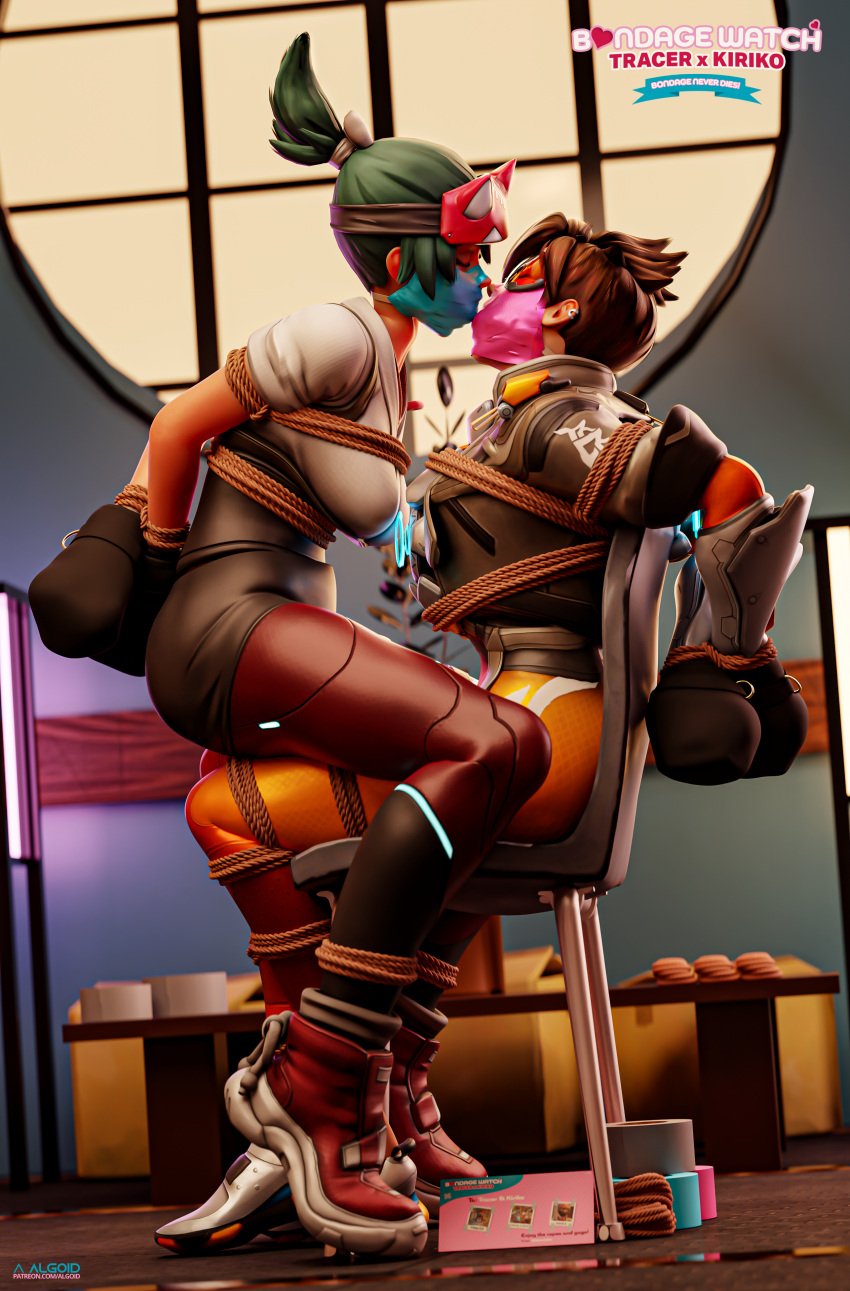 2girls 3d algoid bondage bondage_mittens clothed_female gagged kiriko_(overwatch) kissing lena_oxton overwatch overwatch_2 rope_bondage rope_harness sitting sitting_on_lap straddling tape_gag tied_to_chair tied_together tracer yuri