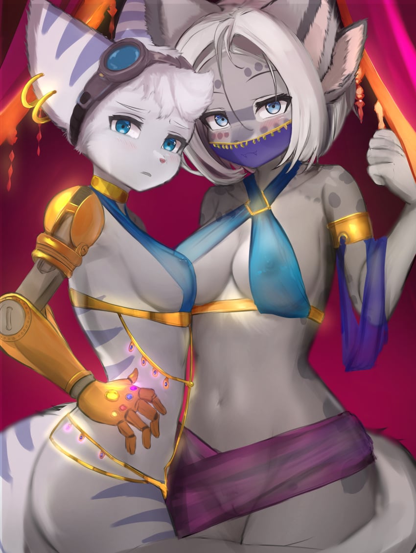 absurd_res anthro belly_dancer belly_dancer_outfit blue_eyes blush cybernetic_arm cybernetic_limb duo ear_piercing ear_ring eyewear eyewear_on_head face_mask facemask felid female female/female fur furmessiah_(character) goggles goggles_on_head grey_body grey_fur hair harem harem_outfit hi_res infinity_gauntlet kemono lilkon lombax_(ratchet_and_clank) mammal mouth_mask navel piercing pink_nose ratchet_and_clank ring_piercing rivet_(ratchet_and_clank) sony_corporation sony_interactive_entertainment white_body white_fur white_hair