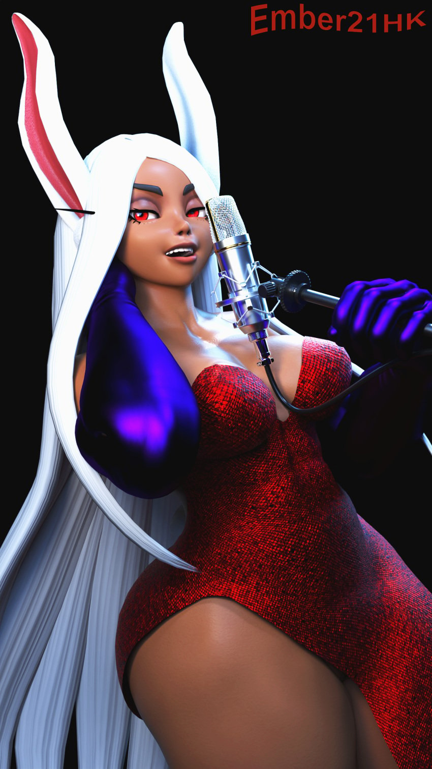 2k 3d 3d_(artwork) blender blender_(software) blender_cycles boku_no_hero_academia dark_skinned_female dress ember21hk heroine jessica_rabbit_(cosplay) long_hair microphone miruko muscle_girl muscular_female my_hero_academia rabbit rabbit_girl rabbit_humanoid red_eyes rumi_usagiyama singing white_hair