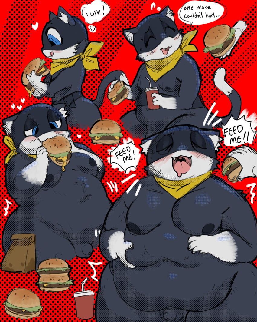 absurd_res anthro atlus belly big_belly black_body black_fur blue_eyes blush burger cricketkisses eating fast_food feedee feeder feederism felid feline food freshly_uprooted fur genitals growth hi_res male mammal megami_tensei megami_tensei_persona moobs morgana_(persona) open_mouth overweight penis persona persona_5 sega slightly_chubby small_penis solo weight_gain