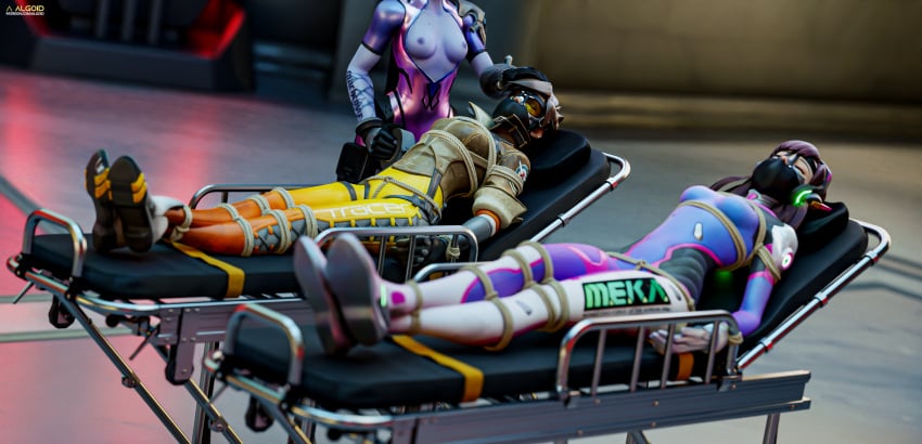 3d 3girls algoid amelie_lacroix bondage bound_to_bed breasts_out captured captured_heroine clothed_female d.va gag gagged hana_song lena_oxton overwatch panel_gag rope_bondage stretcher tied_to_bed tracer widowmaker