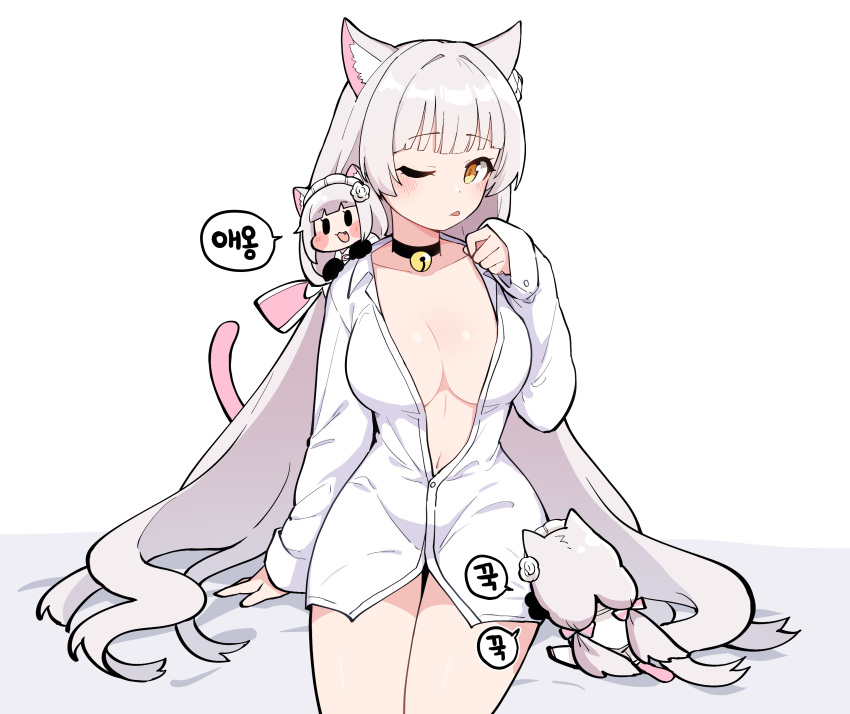 3girls :3 absurdres animal_ears bell blush blush_stickers breasts cat_ears cat_girl cat_tail chibi choker cleavage collarbone cowboy_shot cs_perrault diyap_(style) dress_shirt highres junsuina_fujunbutsu korean_text last_origin long_hair long_sleeves looking_at_viewer medium_breasts mini_perrault_(last_origin) mini_person minigirl multiple_girls naked_shirt navel neck_bell notes_translation oerba_yun_fang one_eye_closed open_clothes open_shirt shirt sitting speech_bubble tail thighs tongue tongue_out translated very_long_hair white_hair yellow_eyes