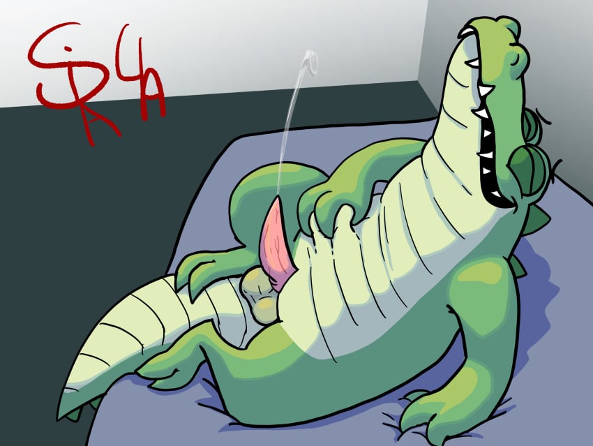 absurd_res alligator alligatorid anatomically_correct anatomically_correct_genitalia animal_genitalia animal_penis anthro balls bed belly belly_grab big_belly bodily_fluids closed_eyes crocodile crocodilian crocodilian_penis crocodylid cum cumshot ejaculation erection euphoria furniture genital_fluids genitals green_body hi_res long_snout looking_pleasured looking_up lying lying_on_bed male nude on_bed open_mouth orgasm overweight overweight_male penis reptile scalie sharp_teeth shirtless shirtless_male simple_background slightly_chubby smile snout solo srirachamander teeth thick_thighs