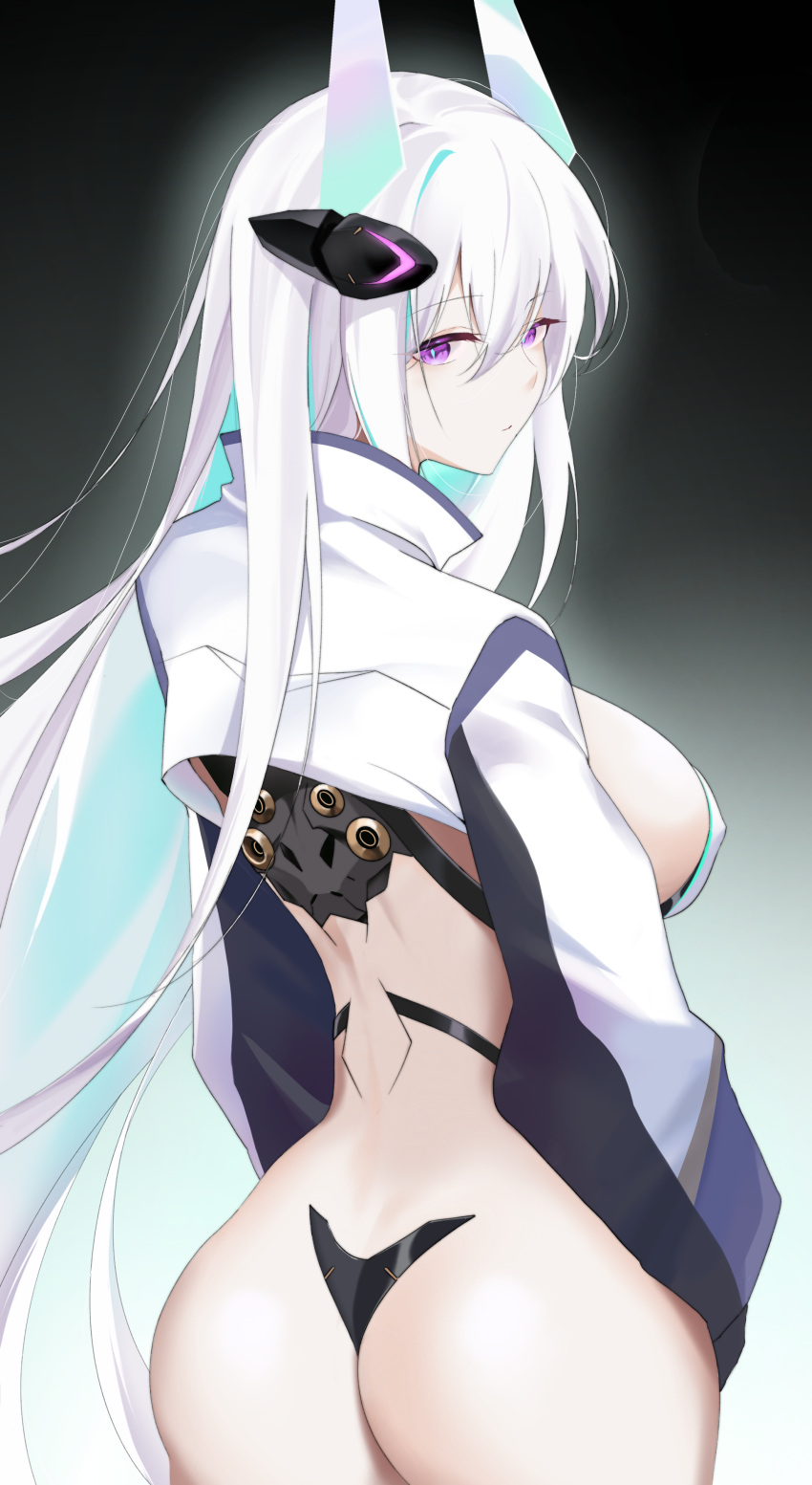 1girls absurd_res ass azur_lane big_ass blue_pupils cropped_jacket eagle_union_(azur_lane) female female_only from_behind green_highlights hair_ornament kearsarge_(azur_lane) large_breasts light-skinned_female light_skin long_hair long_sleeves looking_at_viewer looking_back neutral_expression nipples_visible_through_clothing oxygenmask3 pink_eyes shrug_(clothing) sideboob simple_background standing white_hair white_shrug wide_hips