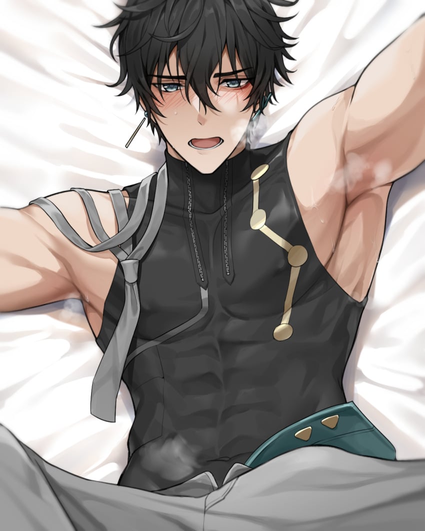 1boy armpits arms_up asaifrit black_hair clothed dan_heng earrings honkai:_star_rail in_heat looking_at_viewer muscular visible_abs visible_breath visible_nipples yaoi