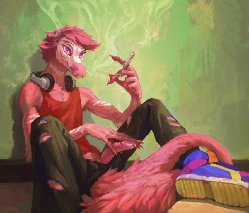 anthro bottomwear claws clothed clothing dinosaur dromaeosaurid drugs erection feathered_dinosaur feathers footwear genitals goodbye_volcano_high hair headphones headphones_around_neck hi_res humanoid_genitalia humanoid_penis klongi male marijuana pants penis pink_body pink_hair reed_(gvh) reptile scalie shirt shoes sitting smoking_weed sneakers snoot_game solo tank_top theropod topwear torn_bottomwear torn_clothing torn_pants velociraptor