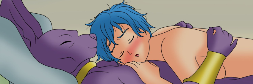 anthro anthro_on_female anthro_on_human asleep bed beerus big_breasts blush blushing breasts bulma_briefs cuddle cuddling dragon_ball dragon_ball_super female male messy_hair naked nude pillow setthh98