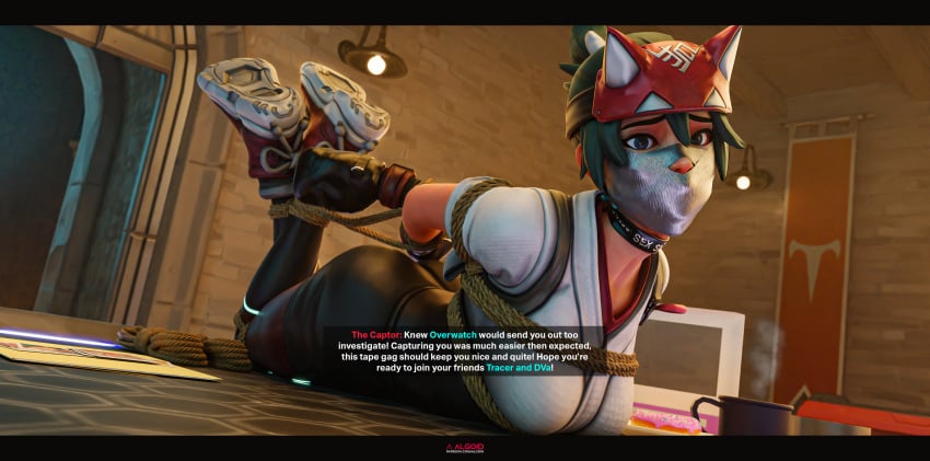 1girls 3d algoid bondage breasts captured captured_heroine clothed_female collar dialogue duct_tape english_dialogue female footwear gagged green_hair hogtie kiriko_(overwatch) looking_at_viewer on_front on_stomach overwatch overwatch_2 rope_bondage scared scared_expression tape_gag text