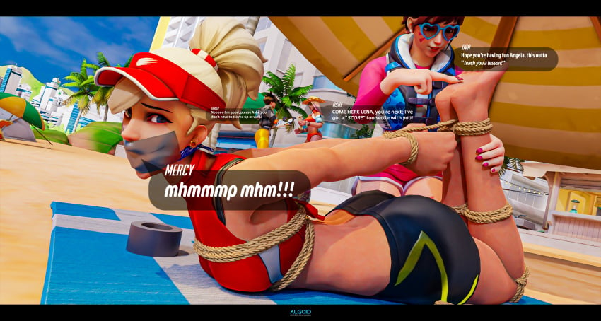 3d algoid angela_ziegler ashe_(overwatch) ass beach beach_towel beach_umbrella bike_shorts bondage clothed_female d.va dialogue duct_tape feet gag gagged gagged_speech hana_song hogtie looking_at_viewer mercy overwatch overwatch_2 rope_bondage tape_gag text tickling tickling_feet tracer