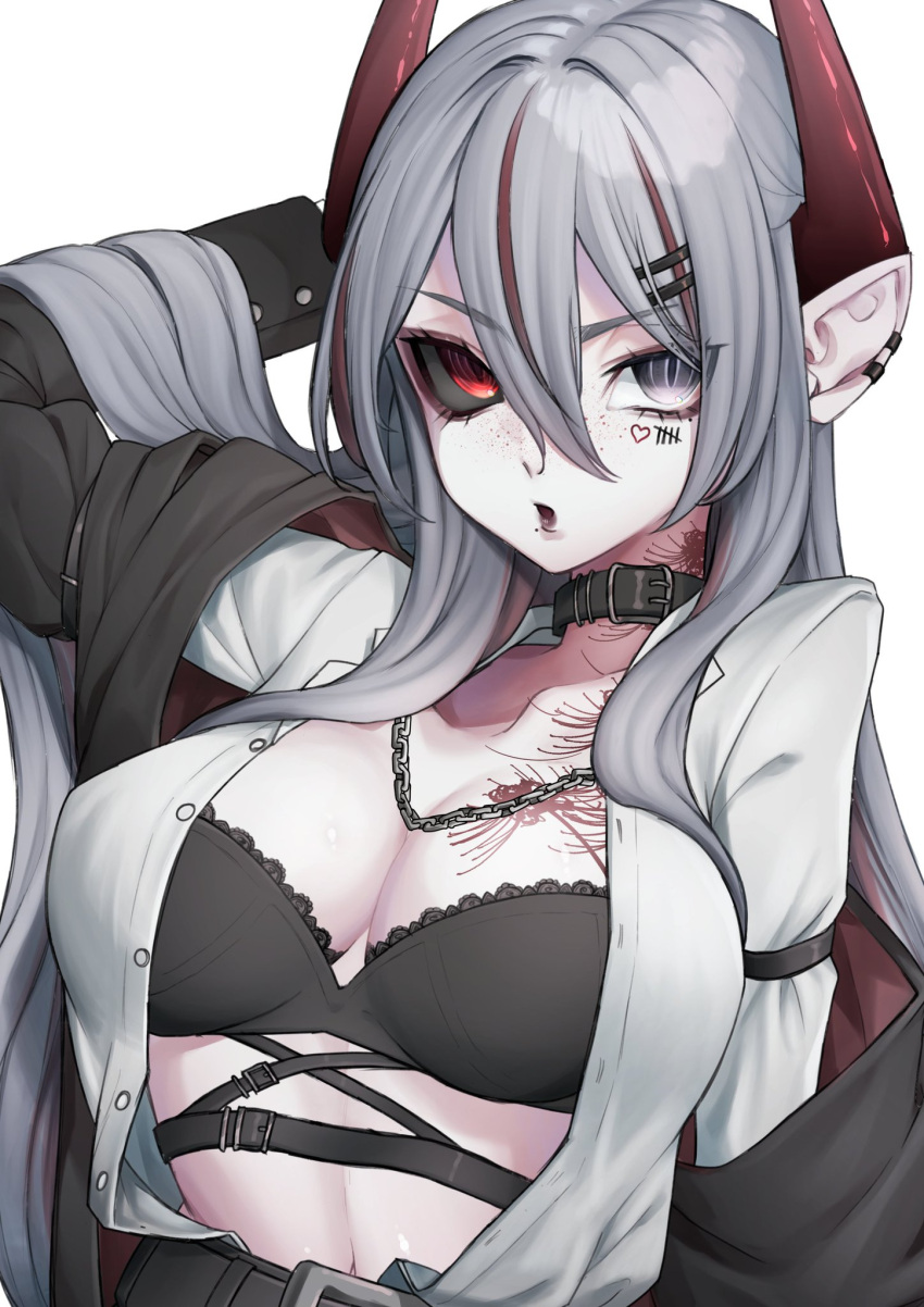 1girls belly_button black_bra bra breasts clothed clothing female female_only grey_eye grey_hair hair_ornament hairclips horns huge_breasts indie_virtual_youtuber light-skinned_female light_skin looking_at_viewer necklace open_shirt red_eye red_hair shirt solo succubus succubus_horns unbuttoned unbuttoned_shirt virtual_youtuber wabipiraf_mi yanderae