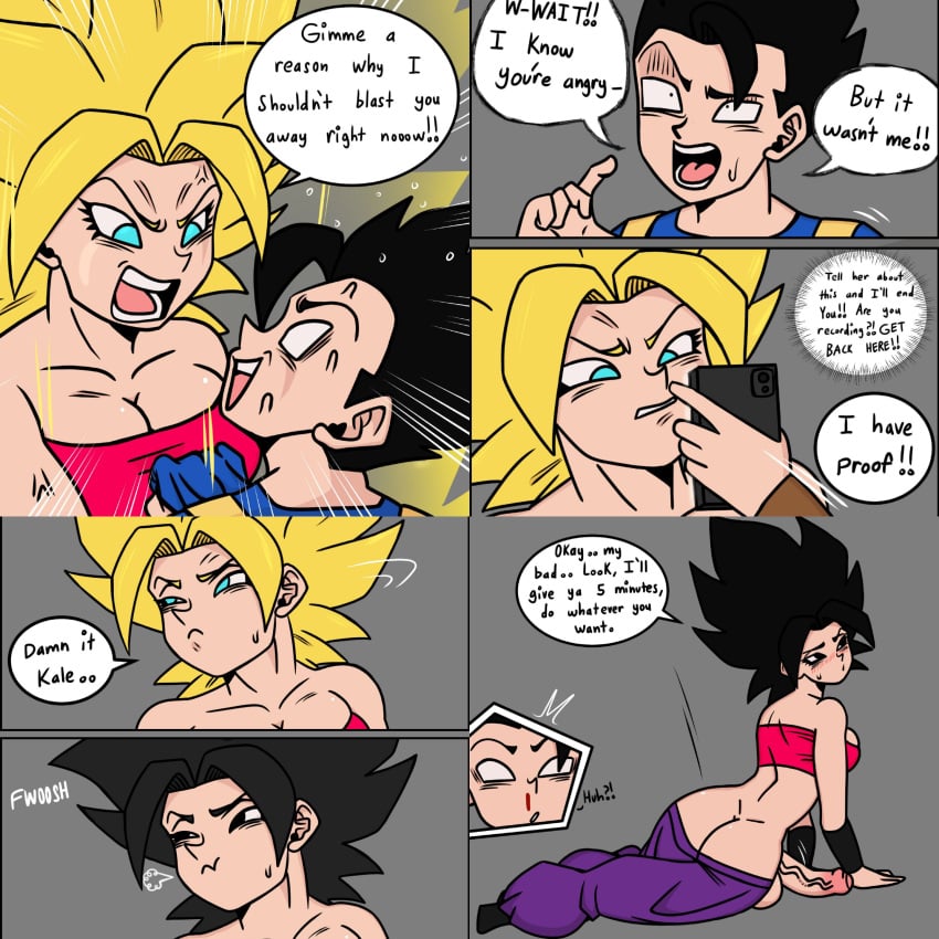 1boy 1futa angry balls big_balls big_breasts big_butt big_hair big_penis black_eyes black_hair blue_eyes blush breasts cabba caulifla clothed clothing dialogue dragon_ball dragon_ball_super duo english_text erection femboy futa_focus futanari huge_cock human light-skinned_futanari light-skinned_male light_skin mostly_clothed pants pants_down penis phone saiyan skurigami text text_bubble topless universe_6 veiny_penis yellow_hair