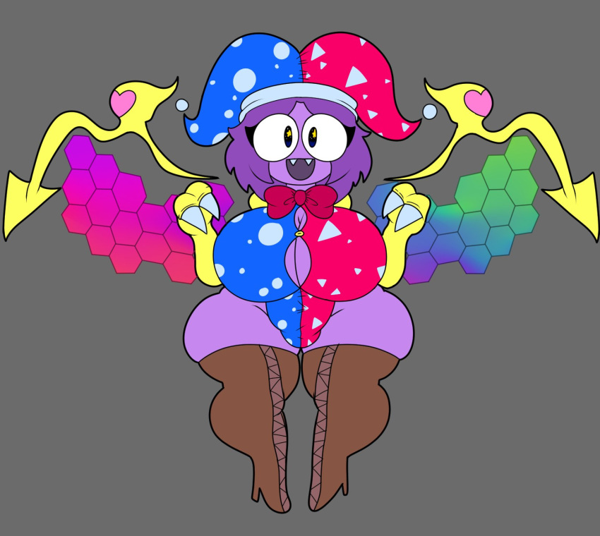 1girls big_ass big_breasts boob_window clothed female female_only flat_colors huge_ass huge_breasts jester jester_cap jester_costume jester_outfit kirby_(series) knee_boots lewdmaya marx nintendo no_bra purple_body purple_hair purple_skin solo solo_female solo_focus star_in_eye thighs