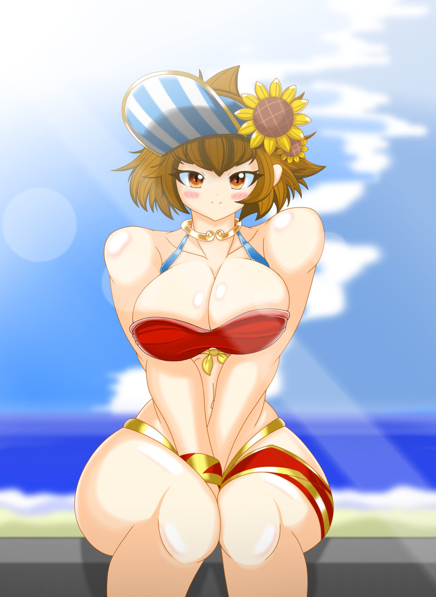 1girls arms_between_legs beach bikini bikini_bottom bikini_top blush breasts brown_eyes brown_hair cloud collar collarbone covering_crotch female flower flower_in_hair highres kuu_(battle_cats) kuu_chaz7hu3hp5 large_breasts medium_hair muscular muscular_female ocean posing_for_picture shiny_breasts shiny_skin shoulders sitting sky smiling smiling_at_viewer sunbeam sunflower the_battle_cats thick_arms thick_thighs thigh_strap thighs visor white_female wristband