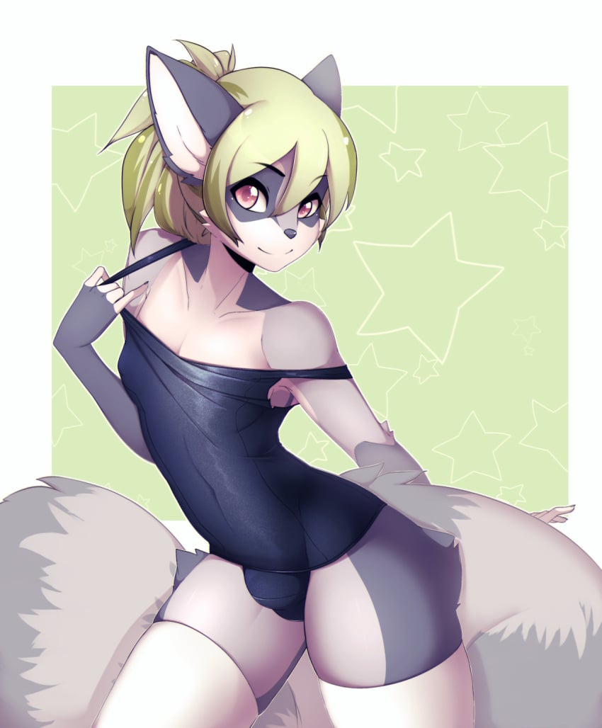 1boy 2018 anthro bulge canine femboy furry girly green_background green_hair large_tail one-piece_swimsuit original ponytail ricky_(lad13) suelix swimsuit thick_thighs thighhighs yellow_eyes