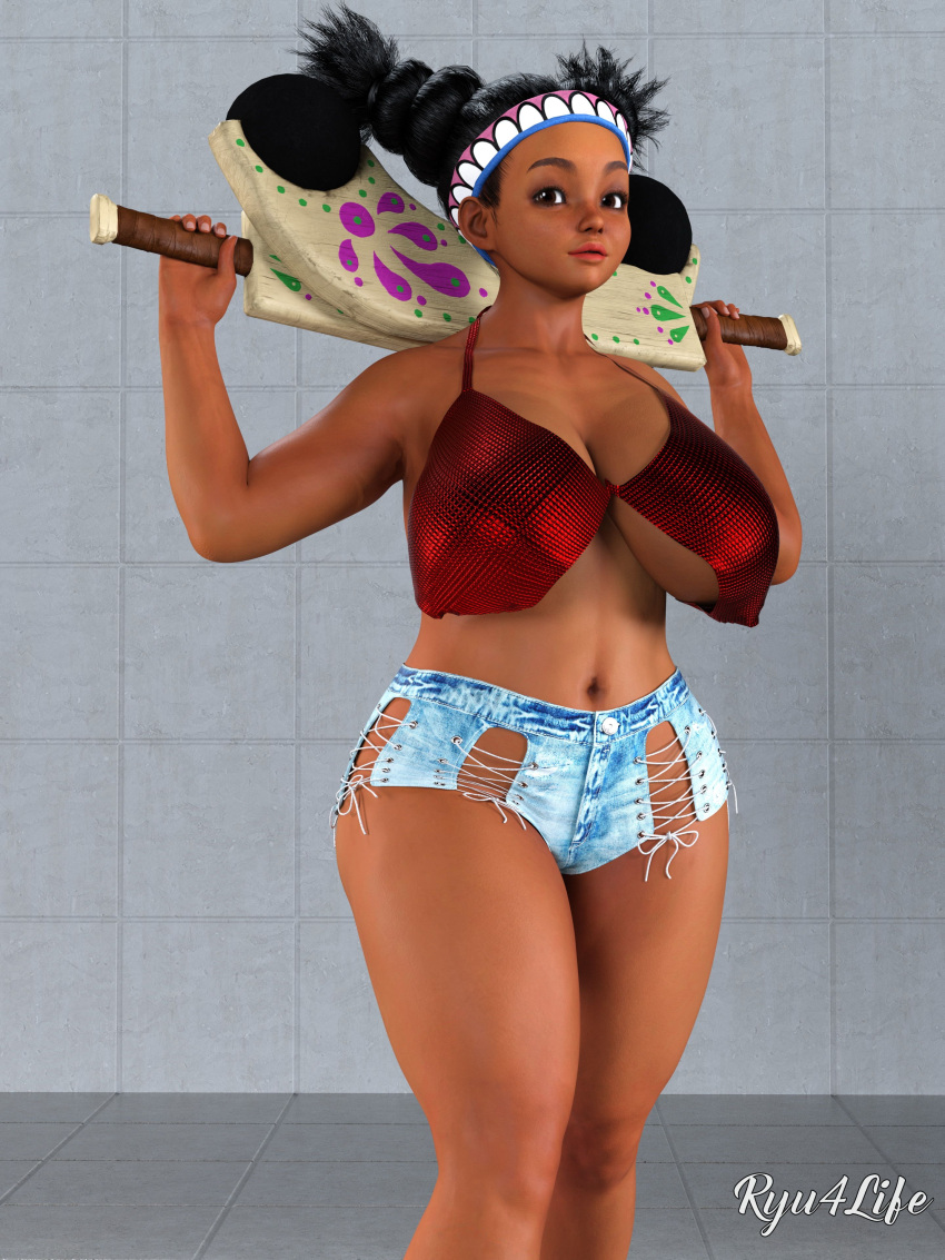 1girls 3d black_hair brown_eyes capcom curvy cute dark-skinned_female dark_skin female female_only fully_clothed lily_hawk ryu4life shorts shortstack solo standing street_fighter street_fighter_6 teenager thick thick_thighs thighs underboob