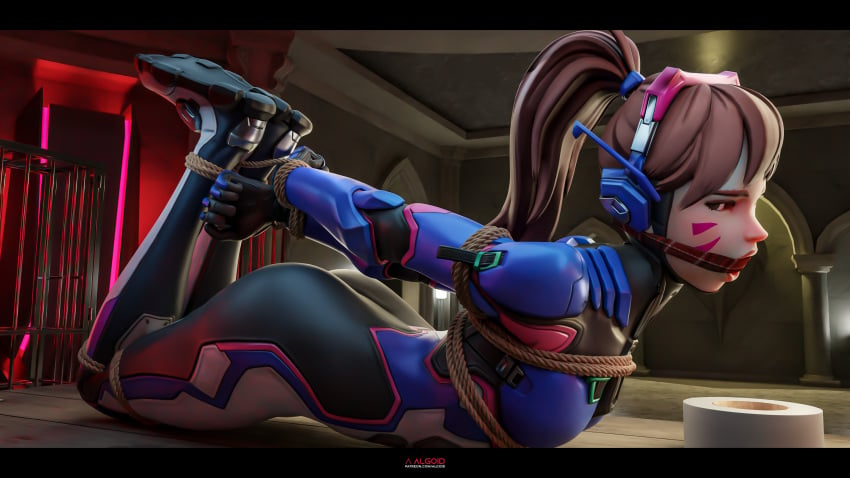 3d algoid arms_tied_behind_back ass bodysuit bondage brown_hair captured captured_heroine cloth_gag clothed_female d.va facial_markings feet_up female female_only full_body gagged hana_song hands_tied headgear hogtie legs looking_at_viewer on_front overwatch overwatch_2 ponytail rope_bondage tied_hair