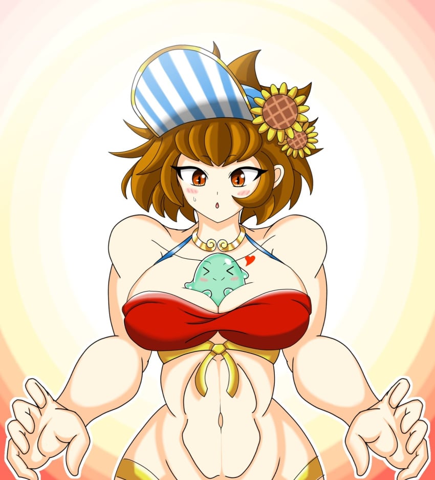 1girls arms_raised belly bikini bikini_top blush breasts brown_eyes brown_hair collar collarbone female flower flower_in_hair hands heart highres kuu_(battle_cats) kuu_chaz7hu3hp5 large_breasts looking_at_breasts medium_hair muscular_female shoulders slight_blush slime slime_on_breasts sunflower surprised sweat the_battle_cats visor visor_cap waist_up white_female