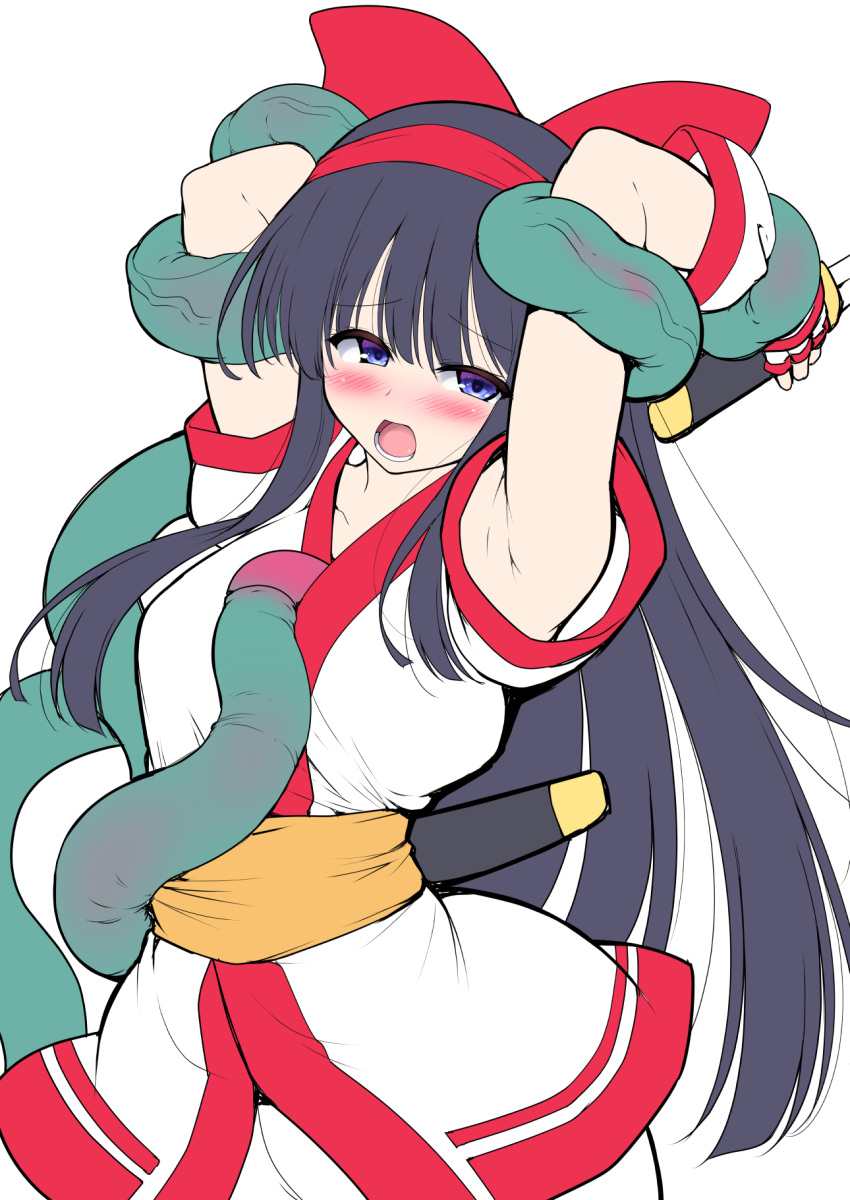 1girls ainu_clothes armpits arms_behind_head blue_eyes blush breasts c.r. female female_only fingerless_gloves gloves hair_ribbon highres king_of_fighters legs long_hair medium_breasts moaning molestation nakoruru open_mouth pants purple_hair ribbon samurai_shodown snk tentacle thighs weapon