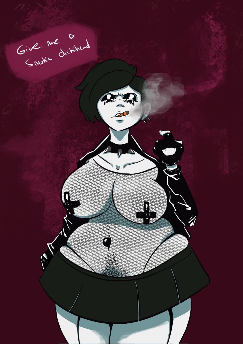 big_breasts black_hair breasts busty cigarette collar cropped_jacket ear_piercing earrings erect_nipples eyeshadow female female_focus female_only fishnet fishnets g-string goth goth_girl happy_trail hourglass_figure jacket l0rnful large_breasts mesh_shirt miniskirt navel navel_piercing nipple_bulge pale-skinned_female pale_skin pasties piercing pubes pubic_hair pubic_hair_peek punk punk_girl short_hair skirt smoking spiked_collar tagme veronica_(saltynoodles) wide_hips