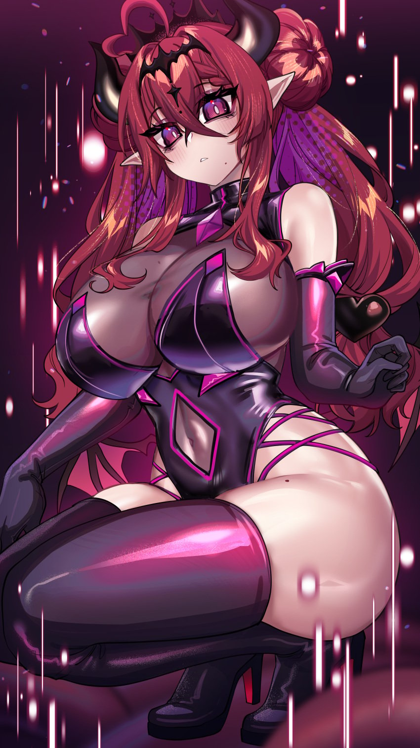 boots demon_girl elbow_gloves female gloves heel_boots high_heels highres horns huge_breasts huge_thighs leotard mole mole_on_breast mole_under_mouth osiimi pointy_ears purple_eyes red_hair thigh_boots thighhighs twintails voluptuous wings