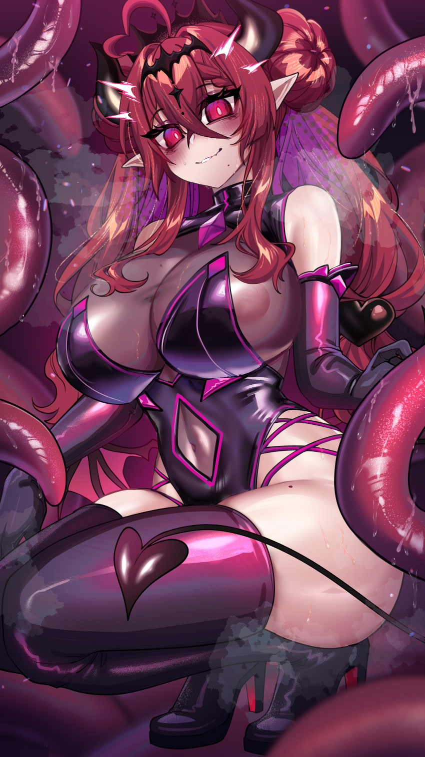 boots demon_girl demon_tail elbow_gloves female gloves highres horns huge_breasts huge_thighs leotard mole mole_on_breast mole_under_mouth osiimi pointy_ears red_hair tentacle tentacles thigh_boots thighhighs twintails voluptuous