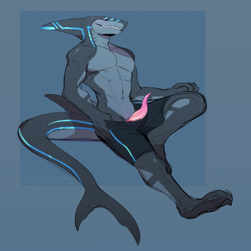 anthro blue_stripes fish grey_body hi_res male marine penis_out_of_underwear shark shark_penis shark_teeth solo stripes talikira thovapexus