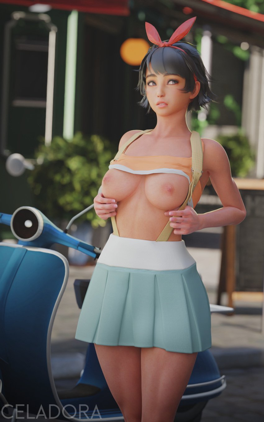 1girls 3d blender celadora flashing flashing_breasts josie_rizal namco namco_bandai outdoors public_exposure public_nudity scooter shirt_lift skirt solo solo_female solo_focus suspender_skirt tekken tekken_7