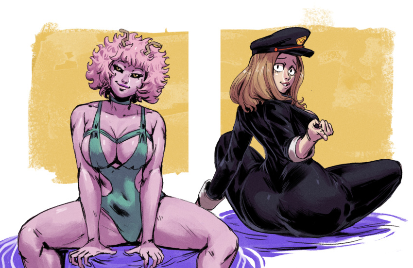 2021 2girls ass big_ass big_breasts blonde_hair breasts camie_utsushimi duo duo_focus female_focus female_only hi_res high_resolution highres looking_at_viewer looking_back mina_ashido my_hero_academia pink_body pink_hair pink_skin redblacktac seductive seductive_look seductive_smile swimsuit