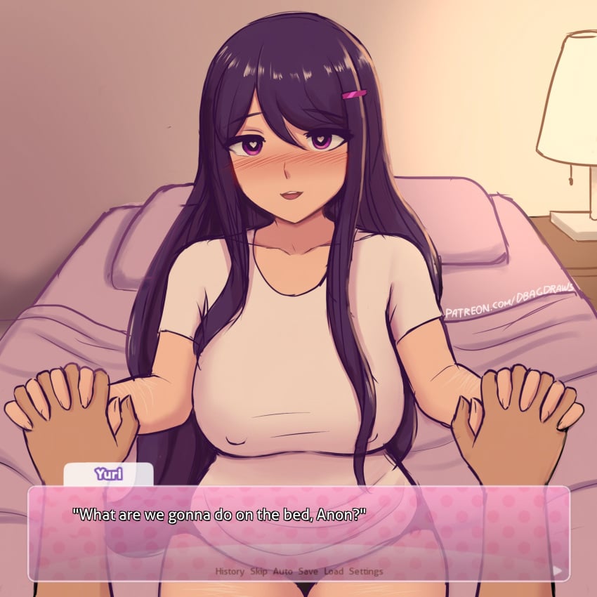 1boy 1girls bed bedroom bedroom_eyes before_sex big_breasts dbagdraws dialogue doki_doki_literature_club english_text fluffyearedfox fully_clothed hand_holding handholding heart-shaped_pupils holding_hands indoors long_hair pov pov_eye_contact text yuri_(doki_doki_literature_club)