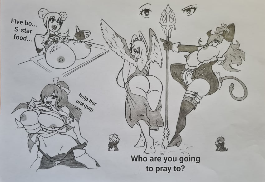 angel angel_girl ass big_ass big_breasts breasts cosplay demon_girl erza_scarlet fairy_tail jeralt_reus_eisner lucy_heartfilia natsu_dragneel red_hair striptease suit tauros_(cosplay) yellow_hair zoodiac