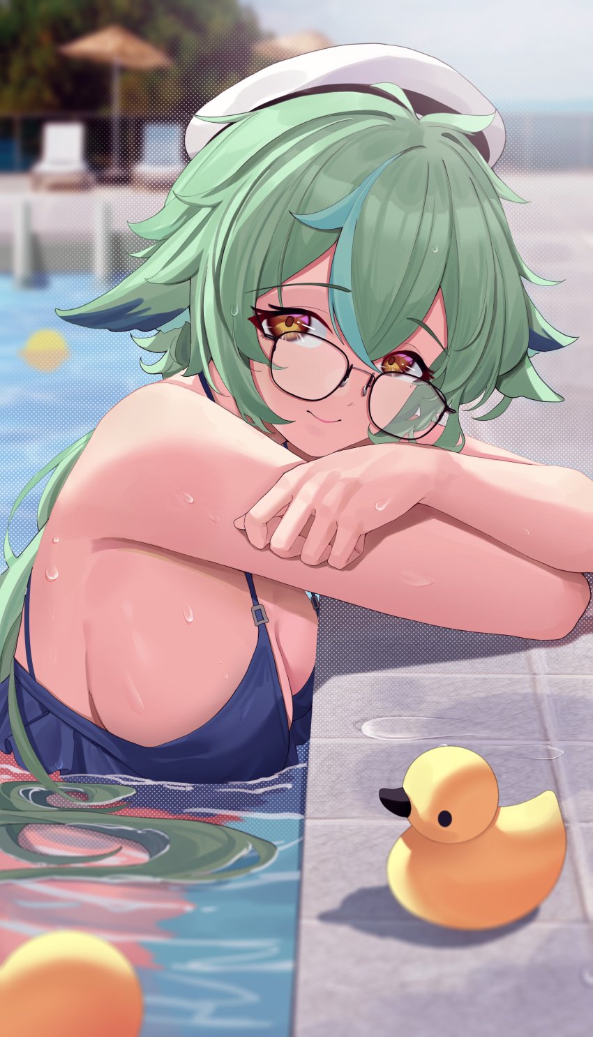 1girls :) animal_ears bare_shoulders big_breasts blue_swimsuit breasts cleavage female female_only floating_hair genshin_impact glasses green_hair haerge half-closed_eyes hat highres in_water light-skinned_female long_hair looking_at_viewer outdoors outside pool poolside pov rubber_duck sideboob smile smiling_at_viewer solo sucrose_(genshin_impact) swimming_pool swimsuit water wet_skin yellow_eyes