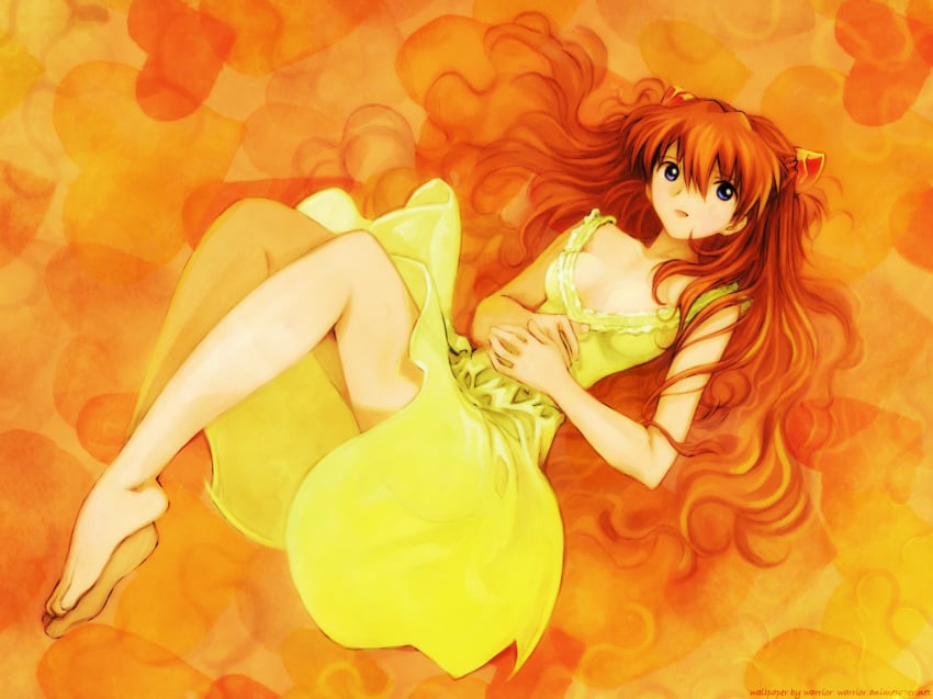 asuka_langley_sohryu clothing dress feet female high_res highres kobayashi_yuuji neon_genesis_evangelion orange_background red_hair sundress wallpaper yellow_dress