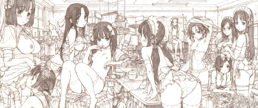 apple armpits ass bent_over black_hair blush book bra bra_lift braid breasts brown_hair cake clothes corset elbow_gloves female flat_chest food fruit garter_belt gift glasses gloves high_res highres john_grisham large_breasts lingerie long_hair maid megane mole monochrome multiple_girls naruko_hanaharu open_clothes open_shirt oppai panties pastry pettanko scan school_uniform shirt short_hair shoujo_material side-tie_panties sketch skirt skirt_lift strawberry tea thighhighs tied_hair traditional_media twin_braids twintails underwear undressing yuri