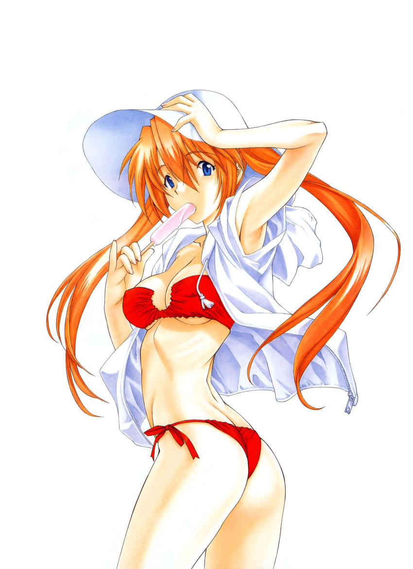 ass asuka_langley_sohryu bikini blue_eyes clothes clothing dat_ass female female_ass hair hat highres long_hair mizugi neon_genesis_evangelion open_clothes open_shirt popsicle ramiya_ryou red_hair shirt side-tie_bikini swimsuit tied_hair twintails utatane_hiroyuki