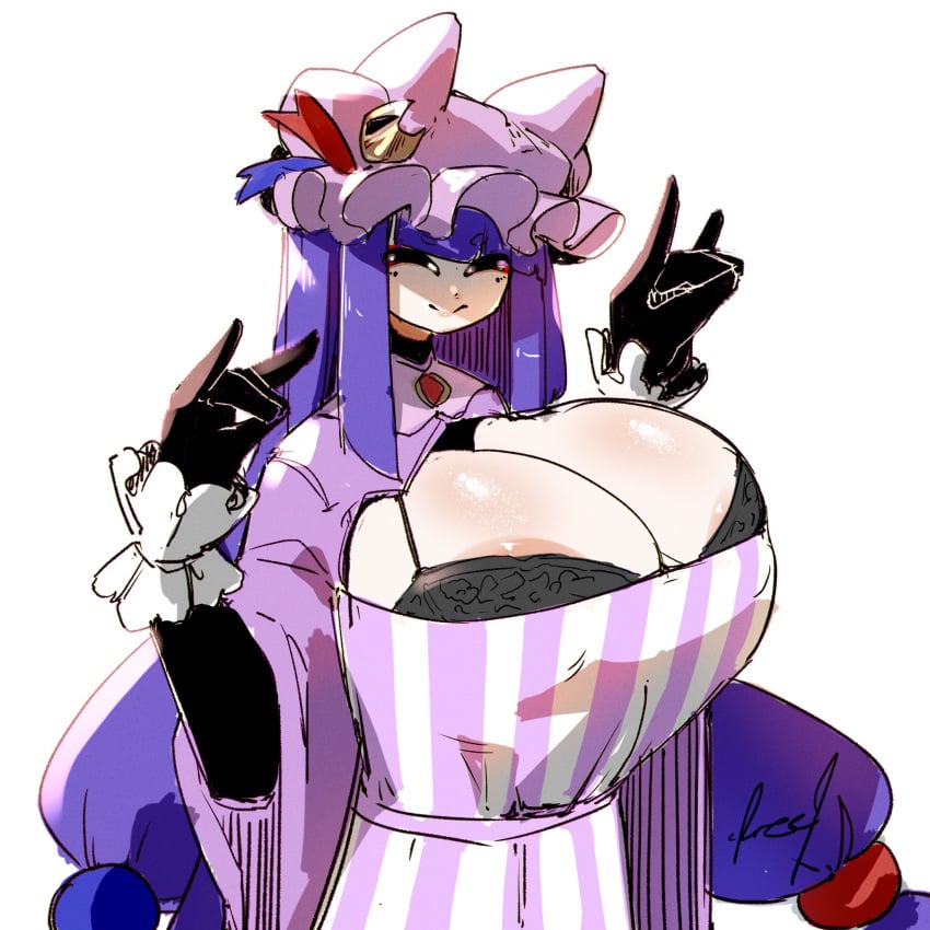 1girls areolae_slip big_breasts black_bra bra cleavage clothed_female crr001 fox_ears fox_hand_sign gloves huge_breasts konkon_patchouli_(crr001) light-skinned_female long_gloves long_hair mole_under_eye nipple_slip patchouli_knowledge purple_hair signature solo solo_female touhou white_background