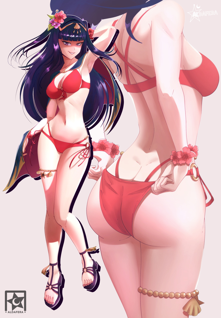 1girls absurdres adjusting_clothes adjusting_swimsuit aldafera aldafera_art alternate_costume armpits artist_name ass bare_shoulders bikini black_cape black_hair breasts butt_crack cape cleavage english_commentary female female_only fire_emblem fire_emblem_awakening fire_emblem_heroes flower flower_bracelet full_body grin groin hair_ornament highres long_hair looking_at_viewer medium_breasts multiple_views navel nintendo o-ring o-ring_bikini official_alternate_costume purple_eyes red_bikini red_swimsuit sandals shaded_face simple_background smile solo swimsuit tharja_(fire_emblem) tharja_(summer)_(fire_emblem) thigh_strap tiara two_side_up