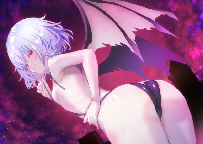 ass ass_focus back bare_shoulders bat_wings black_one-piece_swimsuit blush breasts clothes_pull cloud female from_behind from_below hand_on_own_ hip looking looking_at_viewer one-piece_swimsuit open_mouth outdoors pull red_eyes red_sky remilia_scarlet short_hair sideboob sky slingshot small_breasts smile solo standing swimsuit thighs touhou tousen white_hair wings