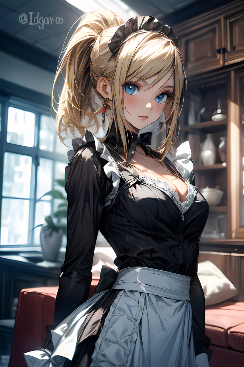 ai_generated blonde_hair blue_eyes idgaroo living_room maid maid_outfit maid_uniform metroid nintendo samus_aran stable_diffusion tagme