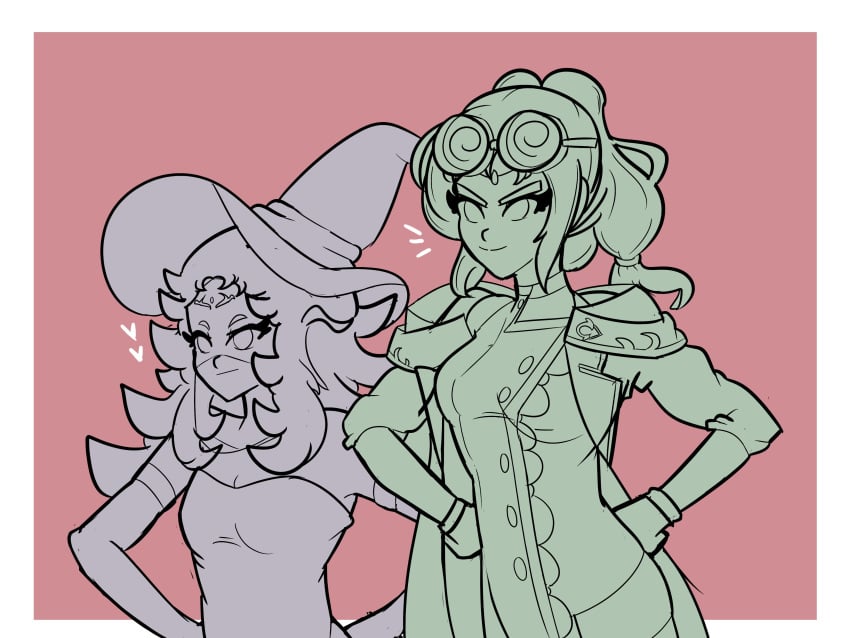 >:) 2girls alternate_costume bbdouble breasts cleavage coat confident elbow_gloves facial_mark facial_tattoo female female_only fire_emblem fire_emblem:_the_sacred_stones fire_emblem_fates fire_emblem_heroes gloves halloween hand_on_hip hat heart l'arachel_(fire_emblem) l'arachel_(halloween)_(fire_emblem) long_hair mouth_veil multiple_girls nintendo nyx_(fire_emblem) official_alternate_costume see-through small_breasts smile tattoo veil witch witch_hat