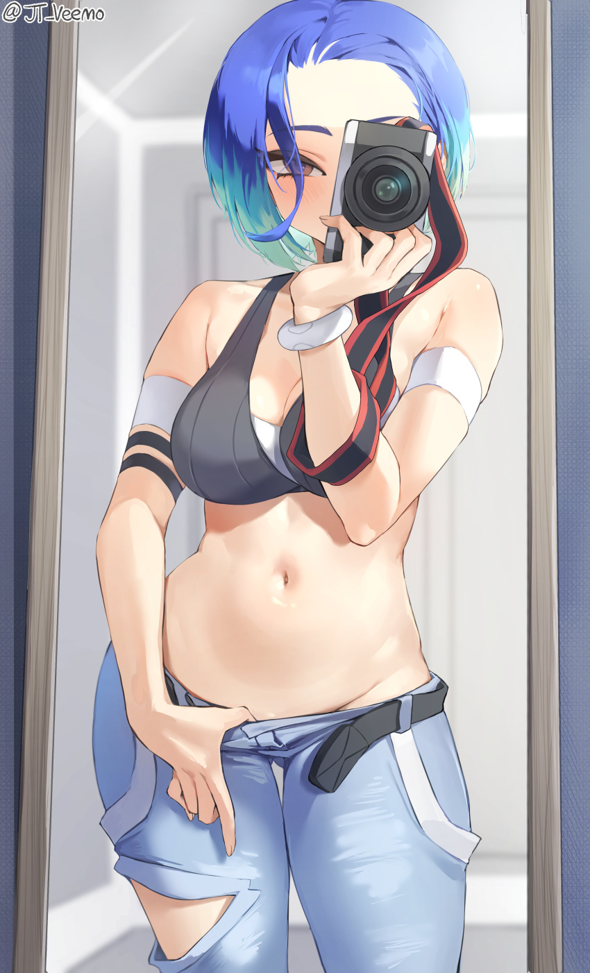 1girls blue_hair breasts camera female game_freak hi_res holding_object jtveemo large_breasts light-skinned_female light_skin mirror_selfie nintendo perrin_(pokemon) photographer pokemon pokemon_sv selfie short_hair smile solo thighs