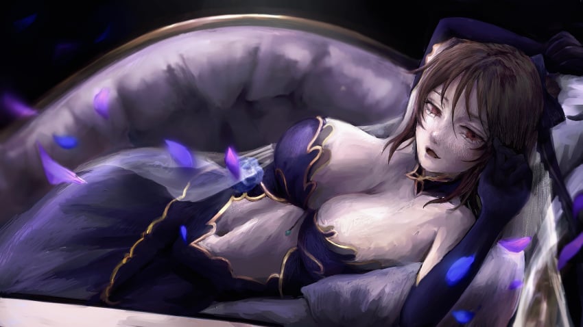 16:9 16:9_aspect_ratio 1girls 4k black_background bow bridal_gauntlets brown_eyes brown_hair commission couch draw_me_like_one_of_your_french_girls elbow_gloves hands_above_head large_breasts laying_on_couch laying_on_side looking_at_viewer milf mizuki_shiranui mother navel navel_cutout on_couch on_side open_mouth parody pillow rose_petals scene_reference short_hair skeb_commission solo solo_focus succubus taimanin_(series) taimanin_rpgx tellme_whoiam wallpaper wedding_dress