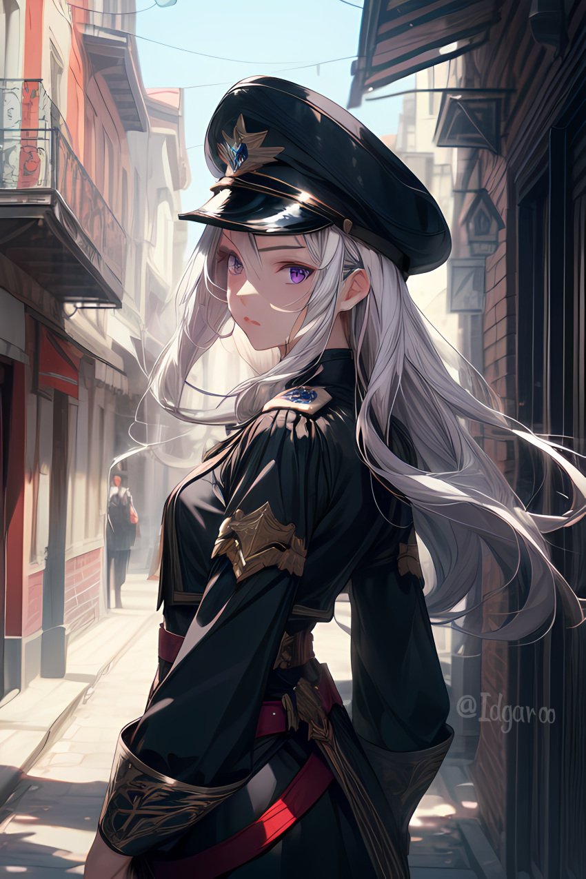 86_-eightysix- ai_generated back back_view city city_background idgaroo looking_at_viewer military military_hat military_uniform purple_eyes stable_diffusion tagme vladilena_millize white_hair