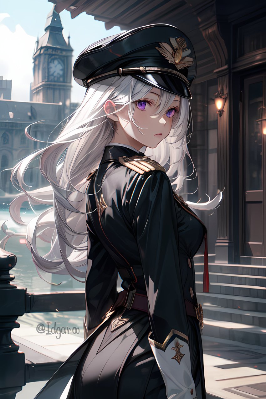 86_-eightysix- ai_generated back back_view city city_background idgaroo looking_at_viewer military military_hat military_uniform purple_eyes stable_diffusion tagme vladilena_millize white_hair