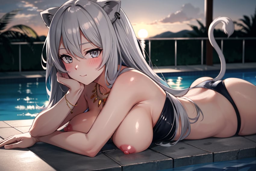 ai_generated bombalurina_ai grey_eyes grey_hair hololive large_breasts lion_ears lion_tail lioness lying lying_down outside pool poolside shishiro_botan stable_diffusion sunset swimsuit topless virtual_youtuber