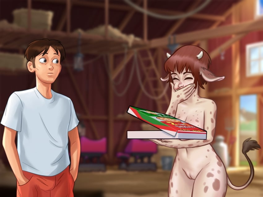 1boy 1girls 2d animal_humanoid areolae barn big_breasts bottomwear breasts brown_hair closed_eyes clothed clothing cow_ears cow_girl cow_horns cow_print daisy_(summertime_saga) darkcookie digital_drawing_(artwork) digital_media_(artwork) duo eating eating_food eating_pizza female hay holding holding_object light-skinned_male light_skin looking_at_partner looking_down main_character_(summertime_saga) male male/female nipples pizza pizza_box pizza_slice pussy pussy_lips pussy_peek shirt shorts smile smiling summertime_saga tail topwear vagina