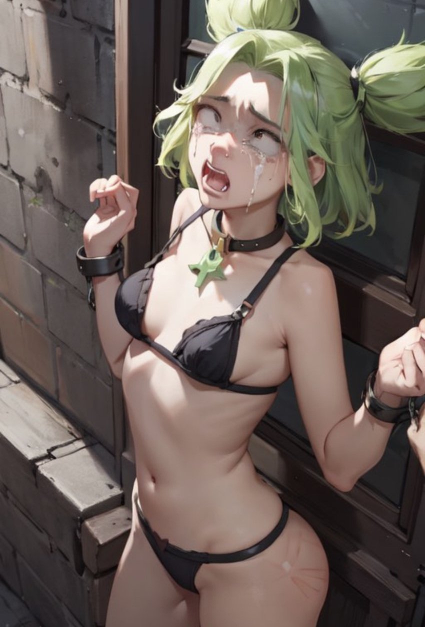 1girls ai_generated black_bra black_panties bra collar crying damsel_in_distress defeated defeated_heroine female green_hair helpless hopeless league_of_legends league_of_legends:_wild_rift light_skin lingerie lowres pale_skin panties petite pixai riot_games shackles solo stable_diffusion submissive zeri_(league_of_legends)